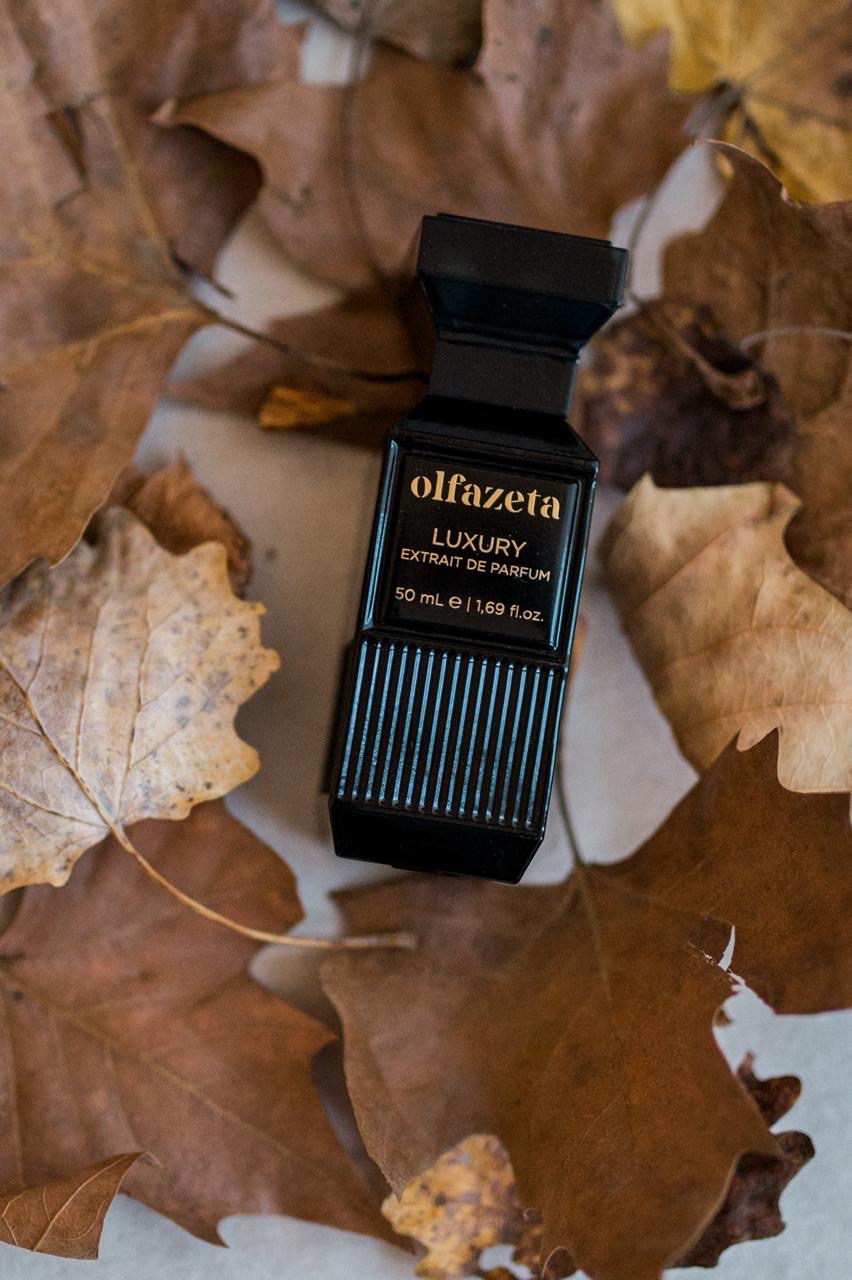 Parfum Olfazeta Luxury noir sur feuilles d'automne
