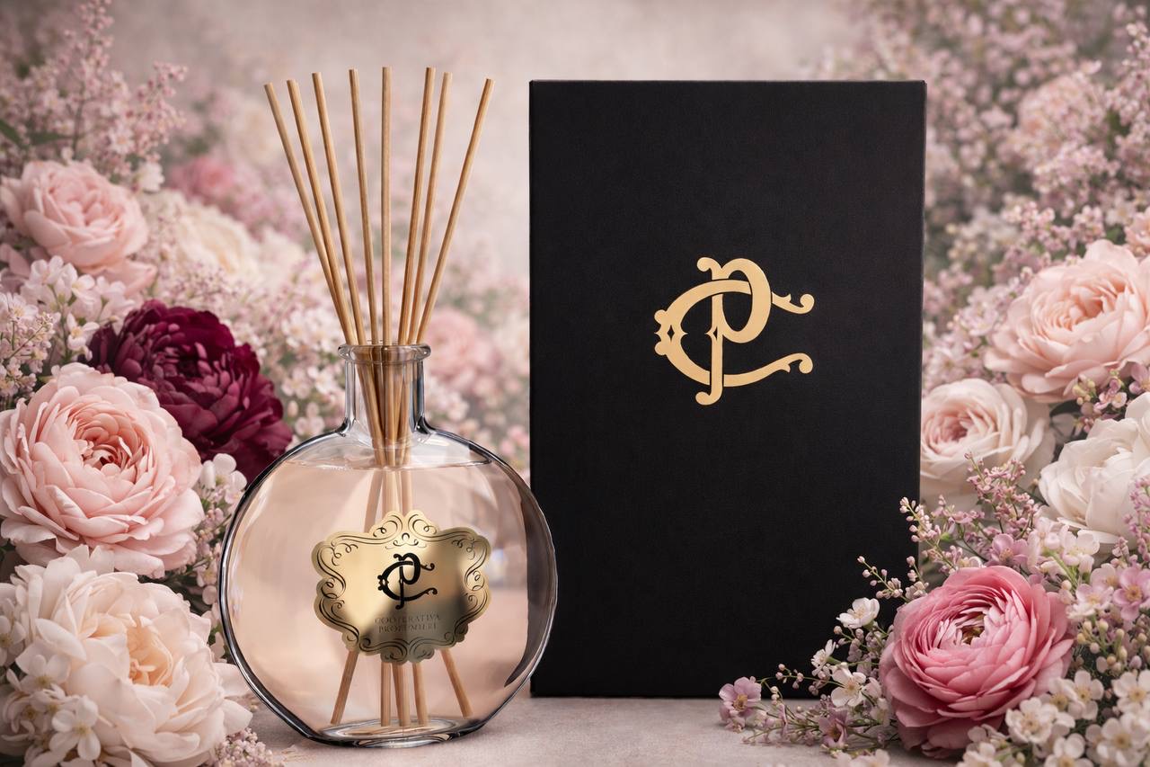 Diffuseur Cooperativa Profumieri avec écrin et roses