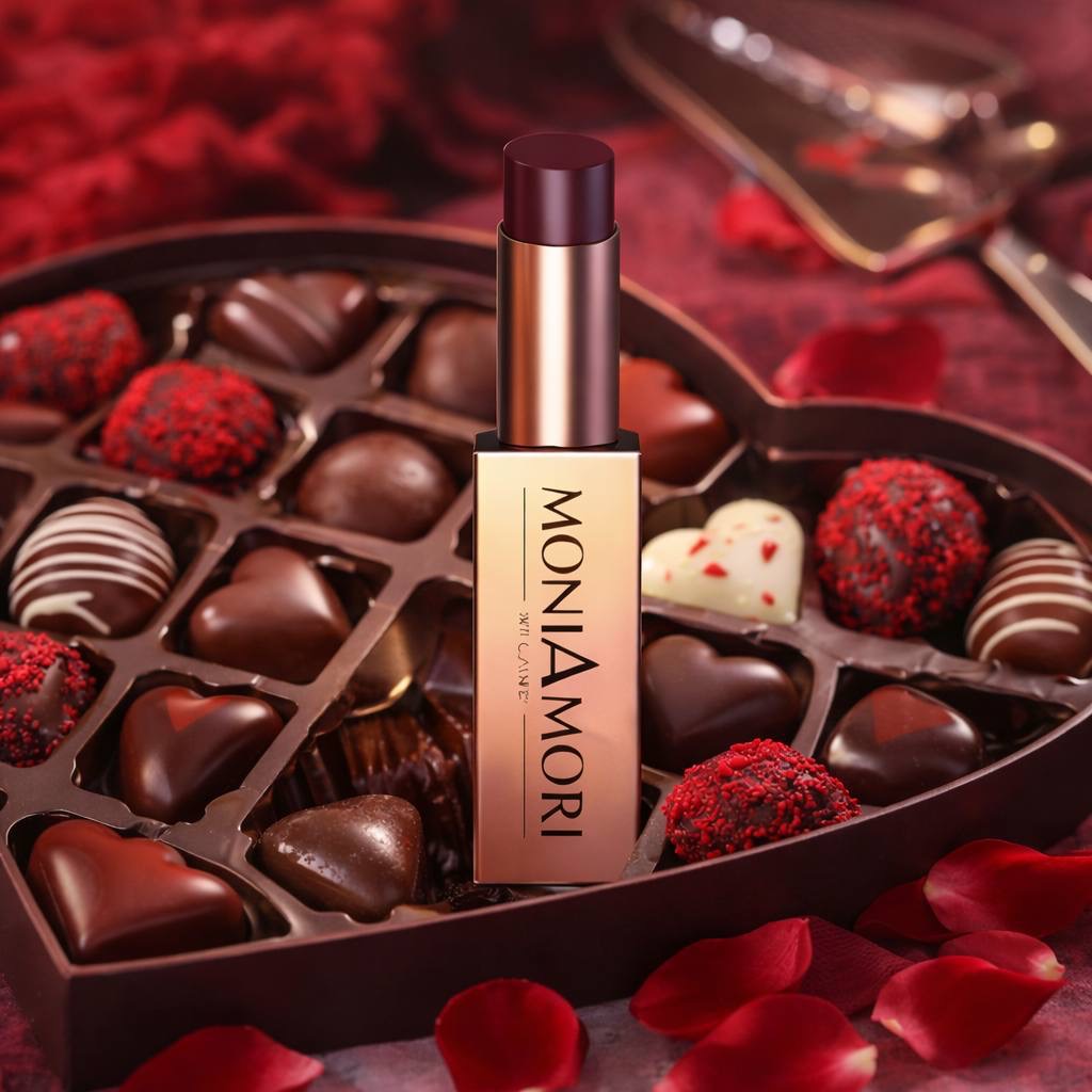Rouge à lèvres Moniamori sur coffret de chocolats en cœur