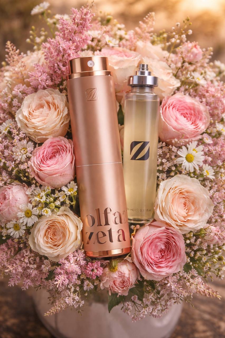Parfum Olfazeta rose doré dans bouquet de roses pastel